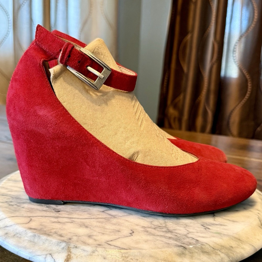 Johnston & Murphy Red Suede Leather Shoes Mary Jane Strap Wedge 3" Heel 8 EU 39